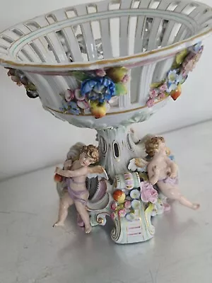 Buy Large Dresden? Fruit Bowl 9 Inches Tall. With 3 Putti On The Base Nice Condition • 100£