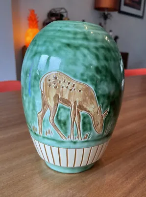 Buy Vintage C1940s Haunso Keramik Danish MCM Sgrafitto Terracotta Vase Deer • 9.99£