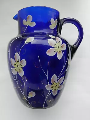Buy Antique Cobalt Blue Victorian Glass Pitcher /jug With Enamel Painted Flowers • 29.99£