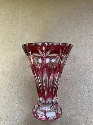 Buy Vintage Czech Bohemian Cranberry Cut To Clear Faceted Glass Vase • 7.99£