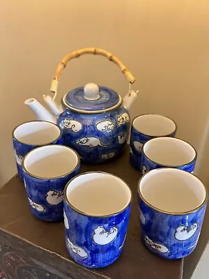 Buy Chinese Tea Set Cats Blue & White Leaf Pattern 6 Cups Handpainted Bamboo Unused • 14.99£