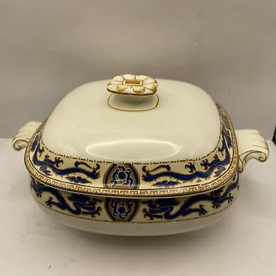Buy Vintage 1930s Booths Silicone China Blue Dragons & Scrolls Tan Band Covered Dish • 94.79£