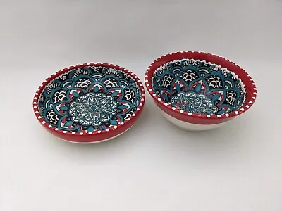 Buy Set Of 2 Del Rio Salado Hand Painted Bowls, Spain Blue Teal Red/White Bead Edge • 27.44£