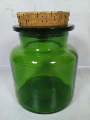 Buy Vintage Hand Blown Green Thick Glass Jar W/Cork Lid 5” Tall • 9.99£