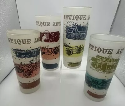 Buy Vintage Tumblers Tall Frosted Glasses Antique Auto Car Design Set Of 4 • 14.38£