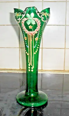 Buy 'ANTIQUE BOHEMIAN ART NOUVEAU GREEN ENAMELLED GLASS VASE - 10  Tall • 35.50£