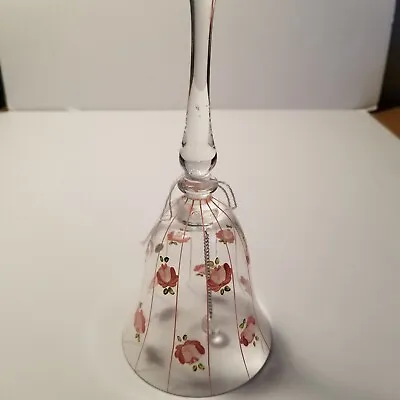 Buy Vintage Hand Painted Roses & Stripes Crystal Bell Hungary Pink Green Clear 8 In • 11.57£