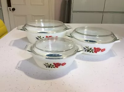 Buy 3 X JAJ Pyrex Casserole Dishes + Lids Red June Rose UNUSED Perfect • 25£