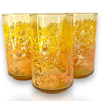 Buy Vintage Libbey Amber Glass Ombre Floral Paisley Drinking/Juice Glasses Set Of 3 • 26.87£