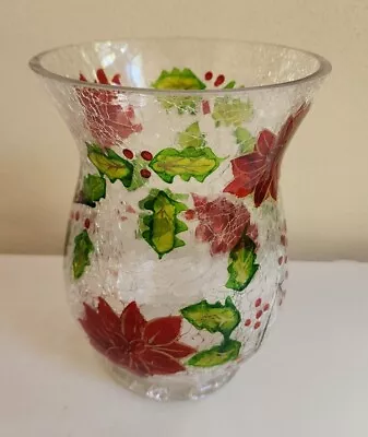 Buy Poinsettia Crackle Glass Hurricane Candle Holder Vase 8  Tall Christmas Decor • 23.62£
