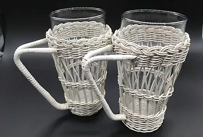Buy Cottage Vintage White Wicker Rattan Sleeves & A Pair Of Drinking 12 Oz Glasses • 23.02£