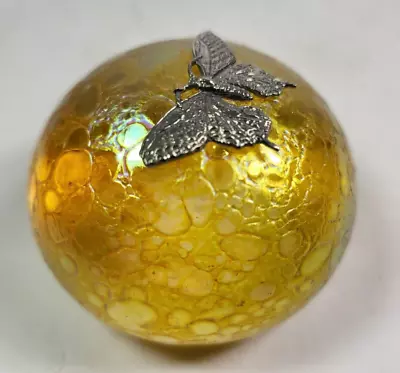 Buy SMALL HERON GLASS GOLD / YELLOW IRRIDESCENT PAPERWEIGHT WITH BUTTERFLY  4cm HIGH • 32.50£