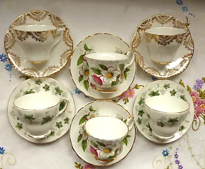 Buy Vintage Bone China Mismatched 6 Tea Cups/saucers ~ Christmas Rose, Gold & Ivy • 15£