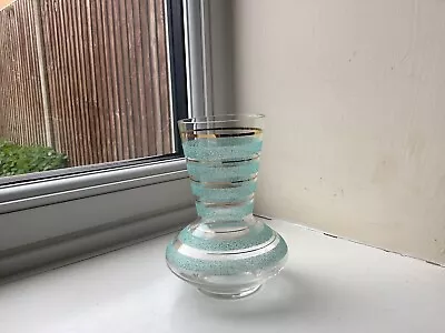 Buy Vintage  1950's Mid-Century Blue Sugar Frosted Glass Vase Gold Gilt Banding • 3.99£