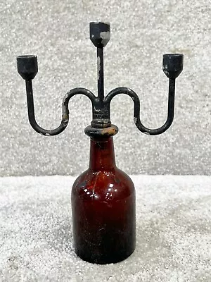 Buy Vintage Unusual Glass Bottle With Cast Iron Three Arm Candelabra Candlestick • 29.99£
