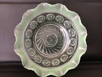 Buy Vintage Sowerby Glass Dish/ Bowl. Green. Frill Edge. Beautifully Decorated. • 9£