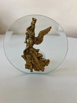 Buy Glass  Candle Holder With Gold Coloured Angel And Cherub Decorated Glass Disc • 12.99£