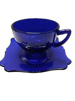 Buy New Martinsville Cobalt Blue Depression Glass Cup & Fancy Square Saucer Lot Of 2 • 23.15£
