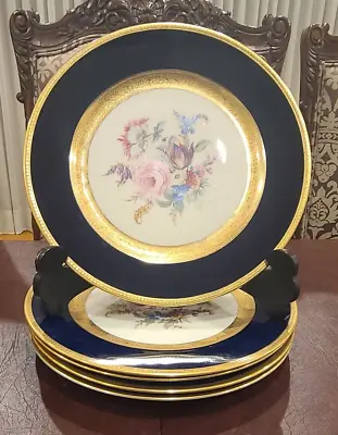 Buy Set Of 5 Vintage Thomas Bavaria Gold & Royal Border W Floral Center Plates  11in • 213.13£