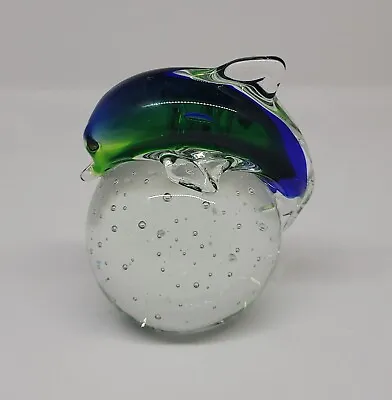 Buy Art Glass Paperweight Blue & Green Dolphin On A Clear Bubble Glass Ball Sphere • 19.17£