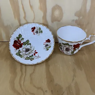 Buy Vintage Royal Sutherland HM Fine Bone China Tea Cup & Saucer Red/White Flower • 12.37£