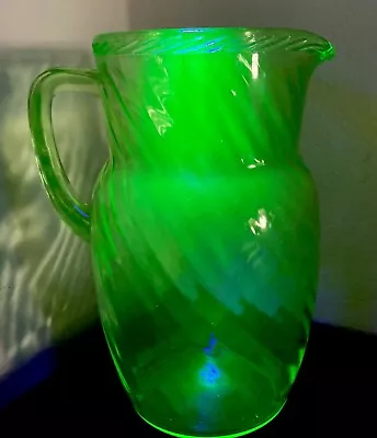 Buy Beautiful Vintage 8-1/2” Hocking GreenDepression Glass Pitcher W/Handle Glows • 33.03£
