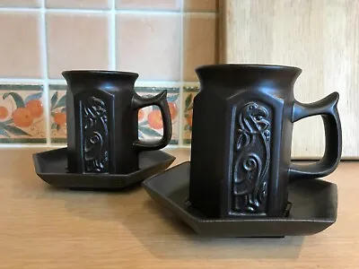Buy 4 Tyn Llan Studio Pottery Celtic Design Brown Coffee Cups & Saucers • 50£