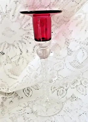 Buy Signed Vintage Bristol Cranberry Red Glass Candlestick Barley Twist Stem Perfect • 18£