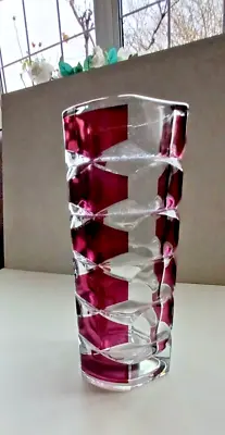 Buy Tall Ruby Red & Clear Glass Vase French Luminarc Geometric Pattern Straight 24cm • 14.99£