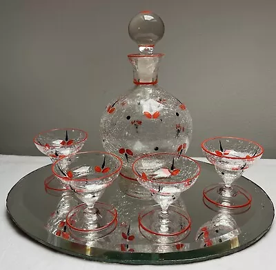 Buy Vintage Hand Painted Crackle Glass Decanter  With Four Matching Coupe Glasses • 28£
