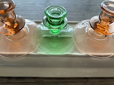 Buy Vintage Set Of 3 Salmon Pink Green Depression Glass Candle Stick Holders • 26.85£