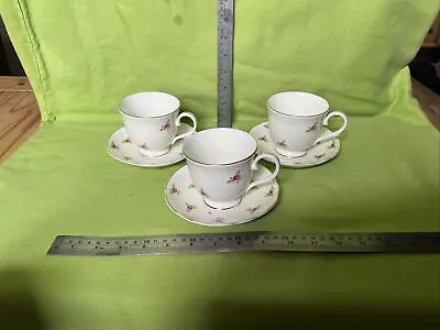 Buy Set Of 3 Fine Bone China Cups & Saucers With Rose Decoration  • 6.50£