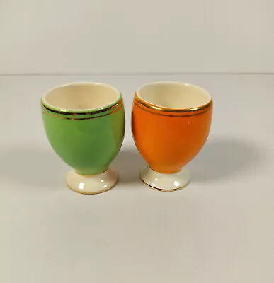 Buy 2 Vintage MidCentury Romanian Harlequin Ceramic Green & Orange Egg Cups • 8.99£