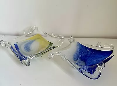Buy 2 X Murano Art Glass Square Sweet Dishes Bowls, Vintage 20th Century • 24.99£