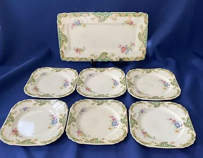 Buy Myott Sandwich Plate Set Of Platter And 6 Sides In Green Floral/ Pattern 1930s  • 19.99£