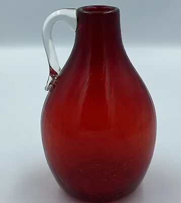 Buy Vintage Ruby Red Crackle Glass Mini Jug Vase Clear Applied Handle 6” Hand Blown • 10.74£
