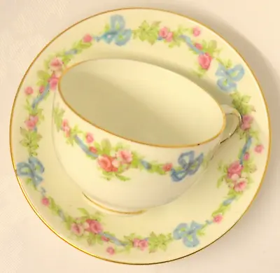 Buy Crown Staffordshire F4613 Blue Bow Ribbon Pink Roses Swags Garland Cup & Saucer • 75£