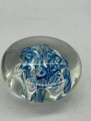 Buy Glass Paperweight With Blue And White Flowers And Bubbles 7cm Across • 10£