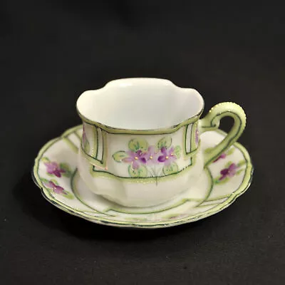 Buy Noritake Nippon Cup & Saucer Hand Painted Violets Green Trim On White 1911-1918 • 53.06£