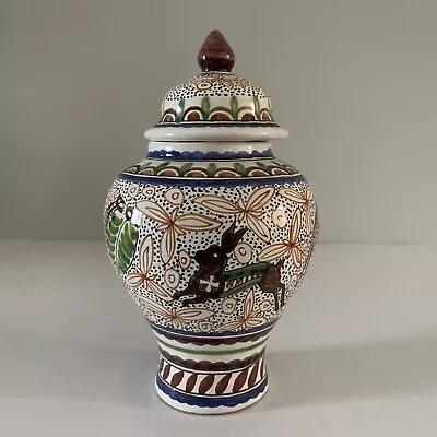 Buy Portuguese Filcer Pottery Pot With Lid Hand Painted Deer & Hare Design • 15£