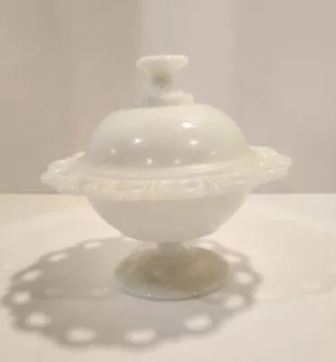 Buy ANCHOR HOCKING Pedestal Bowl W/Lid White Milk Glass SCALLOPED LACE EDGE • 14.31£