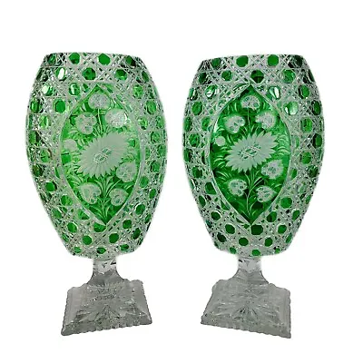 Buy Bohemian Czech Green Cut To Clear Crystal Glass Footed Pedestal Vase Pair • 1,730.75£