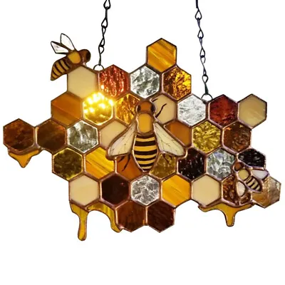 Buy Stained Glass Bee Honeycomb Hanging Suncatcher Ornaments Window Garden Decor • 11.84£