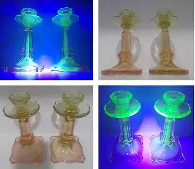Buy VTG Pair SAMUEL REICH Art Deco Glass VIKTORIA Uranium Pink Green Candle Holders • 110£