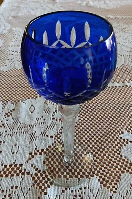 Buy Cut To Clear Czech Wine Glass Hock Cobalt Blue Bohemian Faceted Stemmed Vintage • 28.95£