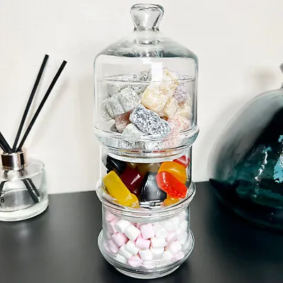Buy Stackable Glass Sweets Dishes 3 Tier Round Lidded Kitchen Snacks Storage Bowls • 11.99£