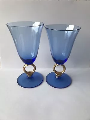 Buy Beautiful Vintage Pair Of Cobalt Blue Wine Glass With Gold Ring Stems.EC • 30£