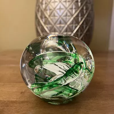 Buy Mid Century Modern Art Glass Paperweight Vintage Green & White Swirls Unusual • 35£