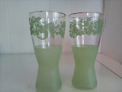 Buy 2 Vtg Hourglass Shaped Drinking Glasses W Frosted Green Fruit Decoration 1940s • 22.21£
