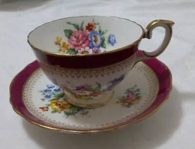 Buy Vintage Crown Staffodshire Floral Bouquet Maroon Gold Teacup & Saucer • 9.99£
